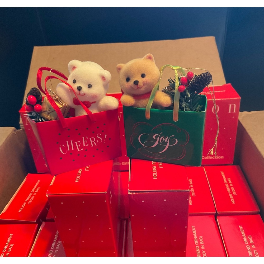AVON NEW OLD STOCK LOT BOX30 TEDDY IN BAG CAT IN BAG FLOCKED CHRISTMAS ORNAMENTS